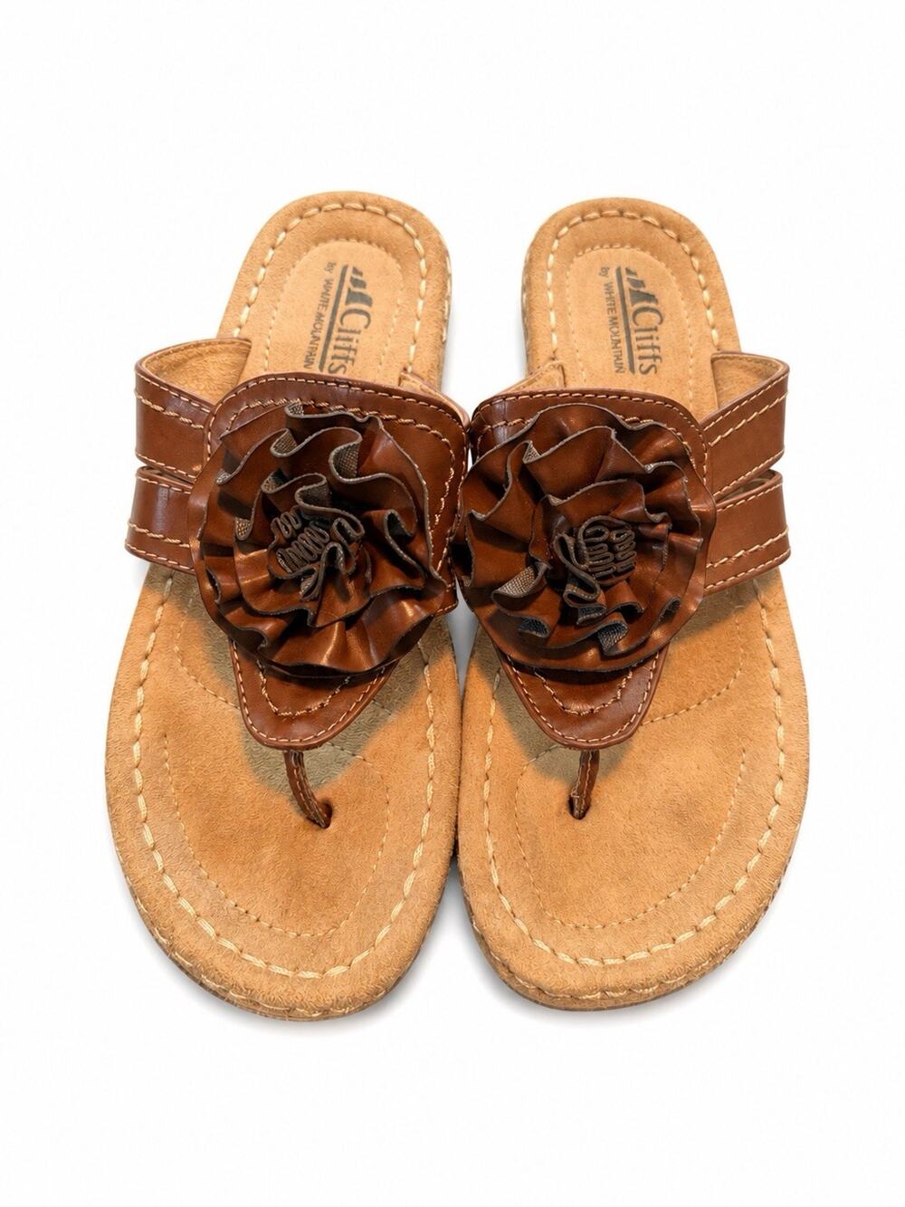 Cliffs by White Mountain Brown Flower Thong Sandals Size 7.5 Comfort Wedge